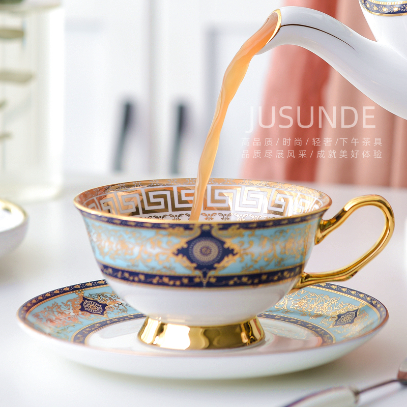 Jusunde Sea Blue Noble European Royal Bone China Coffee Cup and Saucer Set English Tea Gathering Gift Box