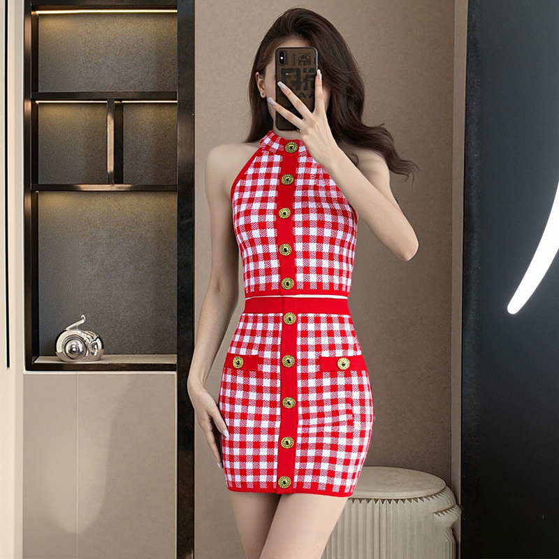 2025 Chambana Dress Sexy Halterneck Camisole High Waist Gold Buckle Skirt Short Skirt Two-Piece Suit