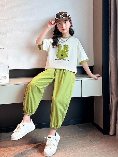 Girls summer suit new children's clothing children's pure cotton thin section trendy elementary school girls big children summer sports two-piece set