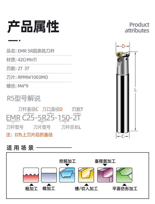 Máy phay CNC trục phay mũi tròn / trục phay mũi bò thô / trục 30R5 / EMR C25-5R30-250