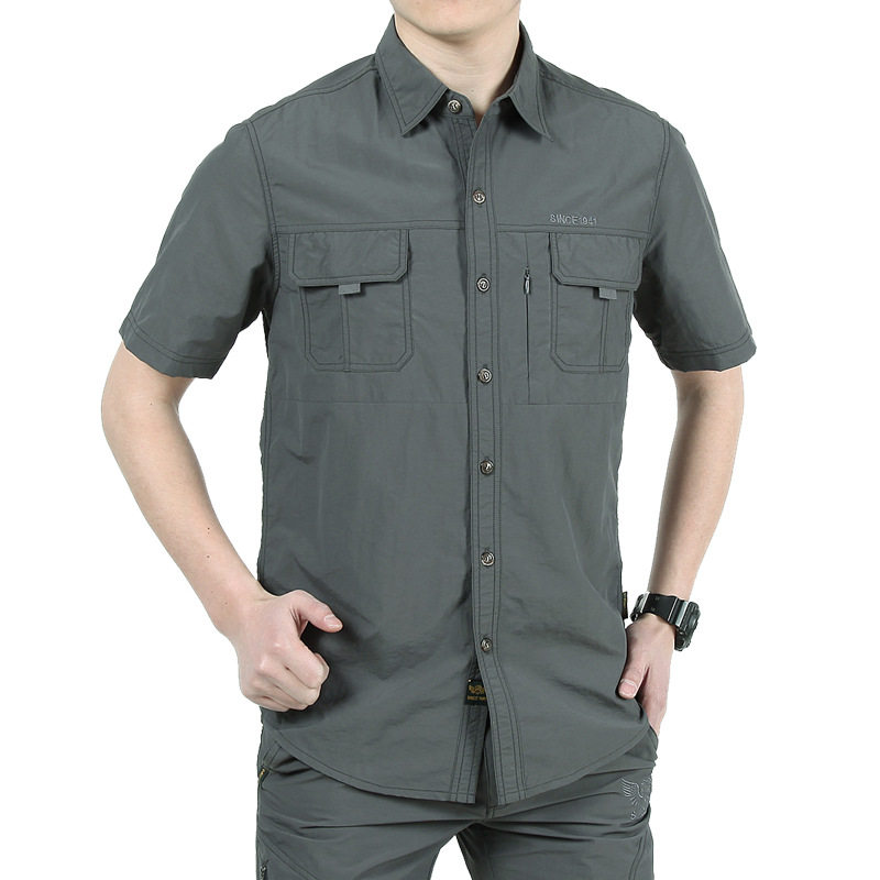 Quick dry short sleeve shirt male thin section outdoor Korean version Business casual shirt American speed dry free ironing multiple bag overalls