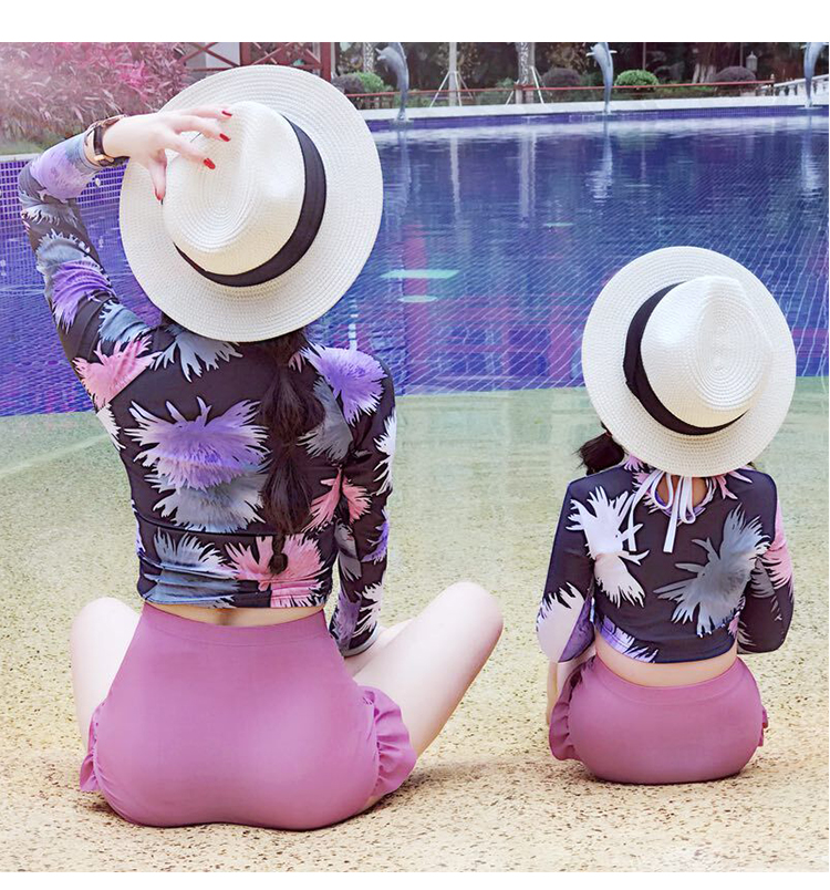 Áo tắm cho bé gái Áo dài tay chống nắng Chia eo cao che bụng Mẹ bé gái Đồ bơi Cha-con Đồ bơi Spa đồ bơi cho be gái 13 tuổi