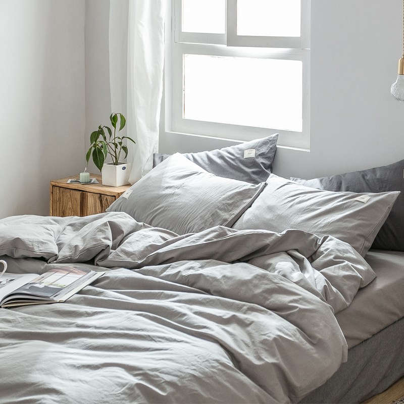 Washed cotton four pieces all cotton pure cotton sheet Quilt Cover Grey Brief wind bed Bedding Student Dormitory Three Sets