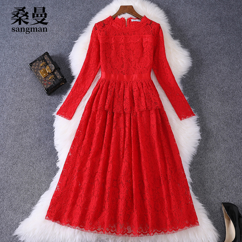 Plus Size Red Bridal Dress A-Line Slim Fit Fashionable Long Sleeve High Waist Hollow Lace Dress for Wedding