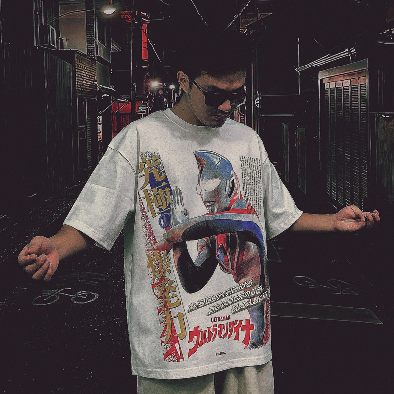 Original Ultraman Dyna American Comic Style Distressed Heavy Washed Pure Cotton Short-Sleeve T-Shirt