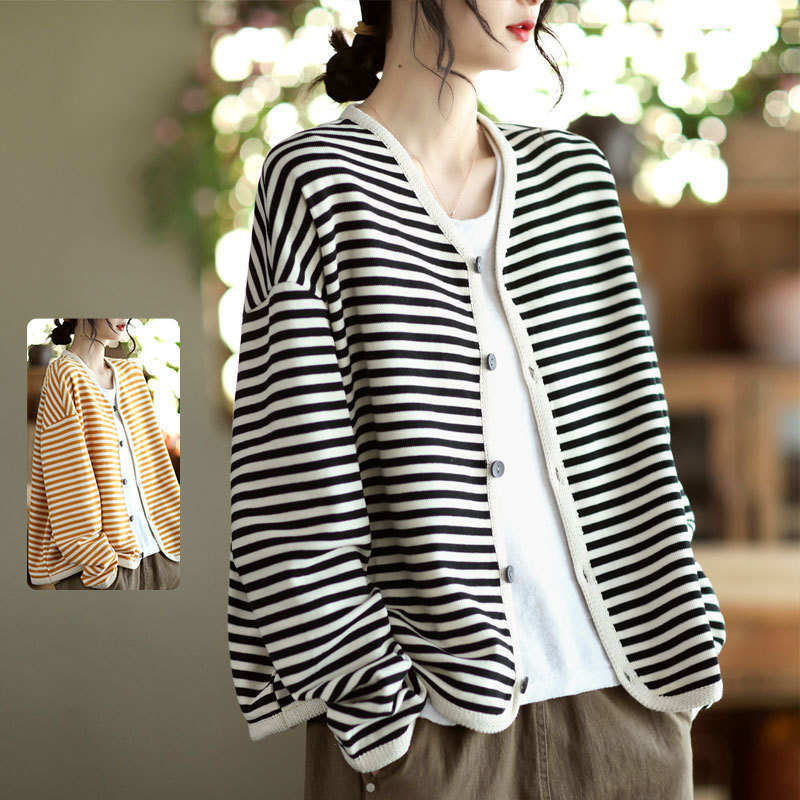 Artistic Cotton Striped Short Jacket for Women, New Spring and Autumn Style, Single-Breasted, Versatile, Casual, Loose-Fitting Long-Sleeve Cardigan Top