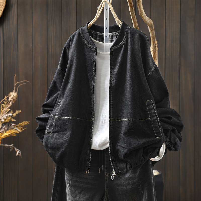 Women's Denim Jacket 2026 New Spring Fashion Unique Stylish Short Black Stand-Collar Baseball Jacket for Petite Figures Trendy