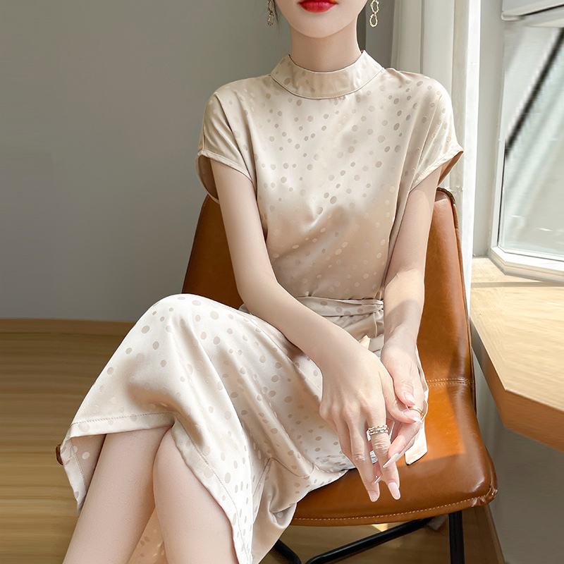 Polka Dot Simple T-Shirt Dress for Women, Stylish Casual Straight Skirt with Tie, Mid-Length Over-The-Knee Slimming Acetate Dress