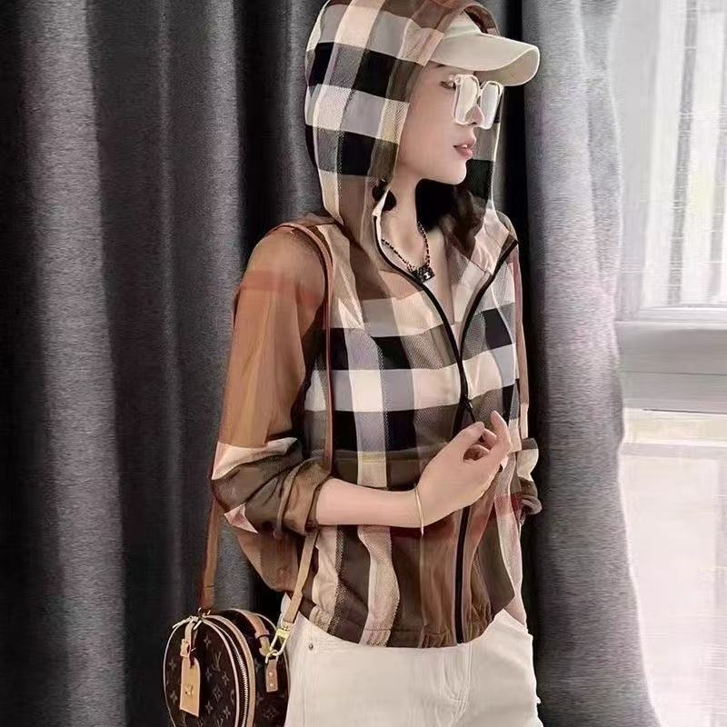 Fashionable British-Style Sun Protection Clothing, Classic Long-Sleeved Plaid 2025 Light Luxury New Hooded Hollow Breathable Casual Short Jacket