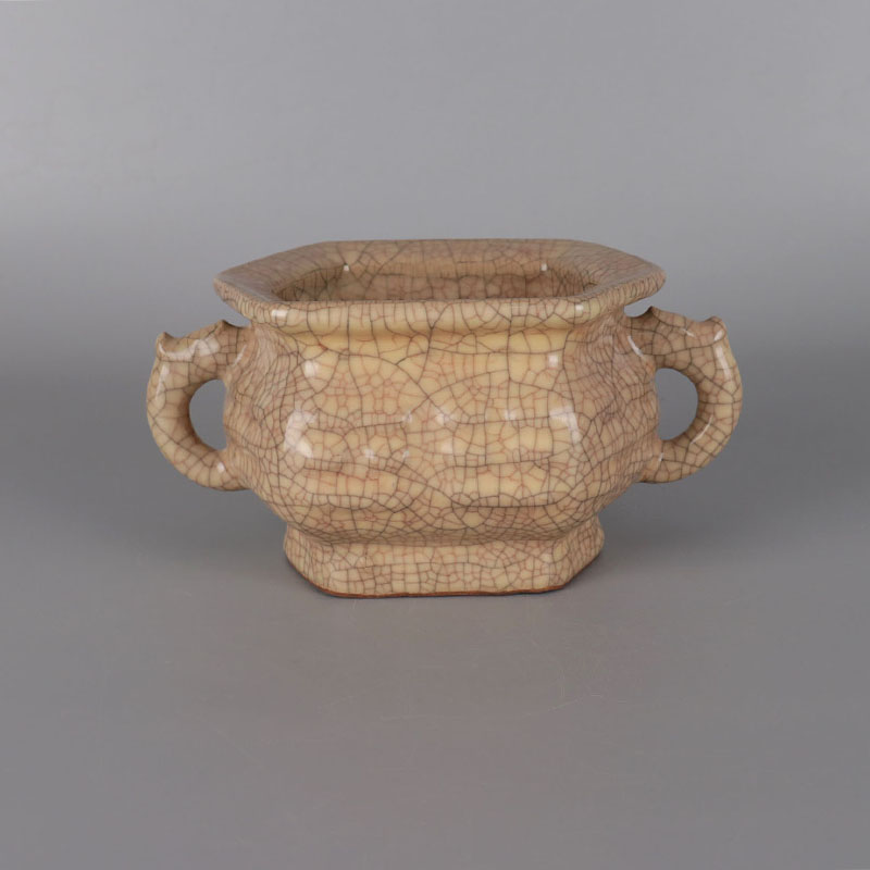 宋哥窑铁线六方双耳香炉仿古瓷器古玩董老货物收藏品中式佛道摆件