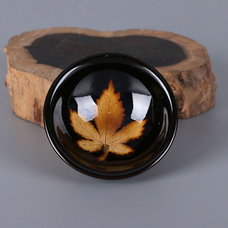 Song Guizhou Kiln High Temperature Black Glazed Maple Leaf Small Number Tea Bowl Retro Ceramic Daily Necessities Imitation Ancient Porcelain Collection Adornment