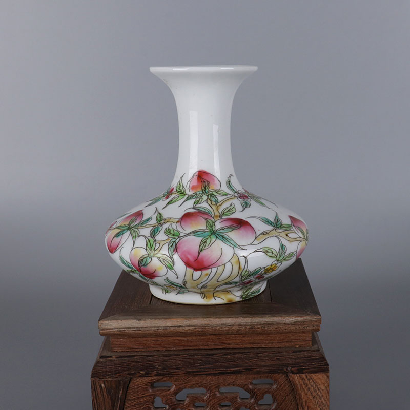 Republic Of China Pink Nine Peach Tattooed Flat Belly Vase Ancient Play Antique Porcelain Jingdezhen Old Goods Handcrafted Pendulum Pieces Antique Collection
