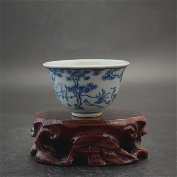 Large Ming Wan Calendar Green Flowers Pine Cranes Kungfu Cup Tea Cup Ancient Play Antique Porcelain Collection Classical Office Decoration Tea Cup