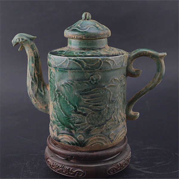 Song unearthed color glaze carving peacock Lu dragon and phoenix chicken mouth pot second-hand antique porcelain collection classical decorative ornaments