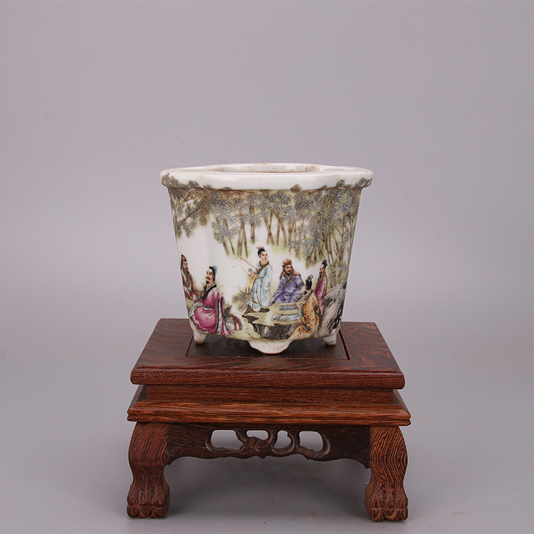 Qingkura Republic of China antique porcelain flower pots Jingdezhen small pendulum pieces pink bamboo forest Seven Yin Tugu playing old objects collection