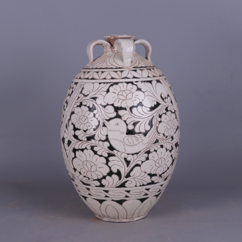 Song Dynasty Cizhou Kiln Black Bottom Engraved Flower and Bird Figure Four Series Bottles Antique Porcelain Jingdezhen Antiques, Antiques, Old Objects Ornament Collection