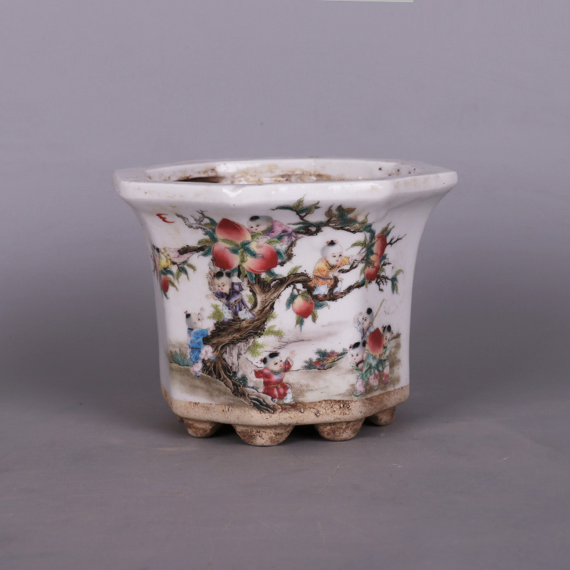 Factory Goods Powder Color Nine Children Climbing Peach flowerpots Antique Porcelain Ancient Game Old Goods Antique Old Things Swing Pieces Folk Collection