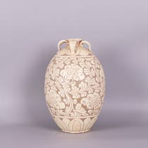 Song Dynasty Cizhou kiln carving Lotus figure four-series jar antique porcelain Jingdezhen antique ornaments antique old objects