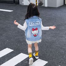 Girls denim vest spring and autumn vest princess vest soft denim big boy girl coat waistcoat female spring and autumn