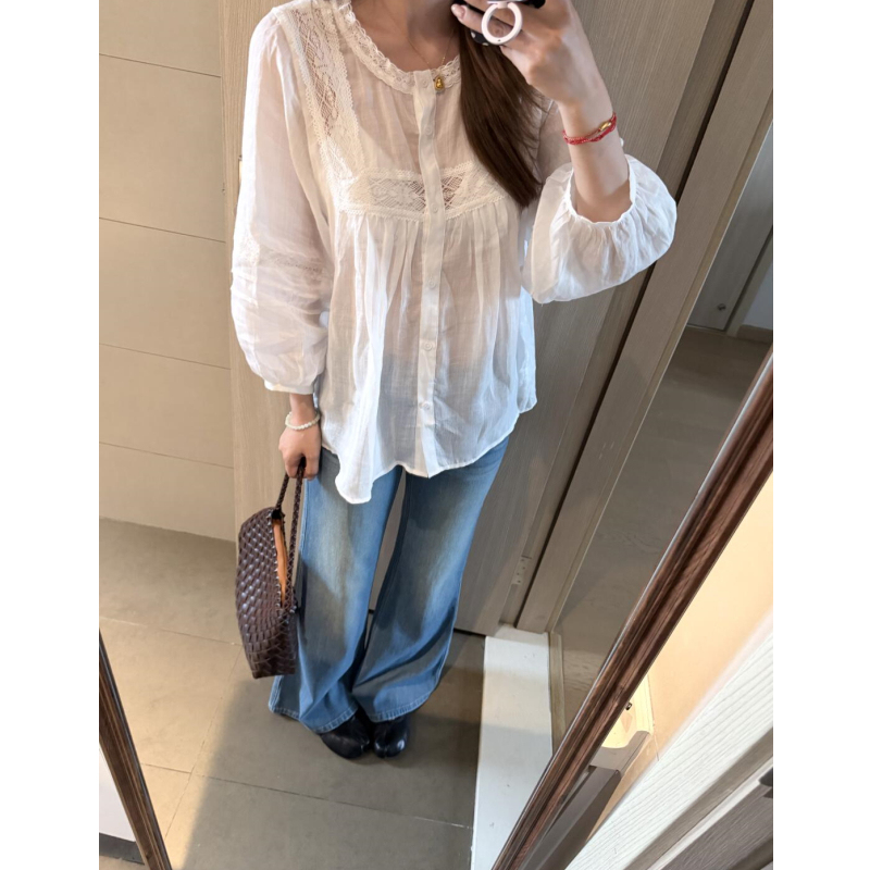 Pumpkin/Ramie Lantern Nine-Quarter Sleeve Babydoll Shirt with French Lace Patchwork, Casual Versatile Top for Women, New Summer Style Pumpkin/Ramie Lantern Nine-Quarter Sleeve Babydoll Shirt with French Lace Patchwork, Casual Versatile Top for Women, New Summer Style