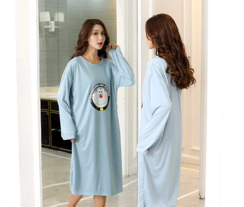 Váy ngủ sọc cotton dài tay nhà dài mặc giản dị mặc đồ nữ mùa thu và đồ ngủ mùa đông dịch vụ tại nhà để giữ ấm áo đầm đẹp