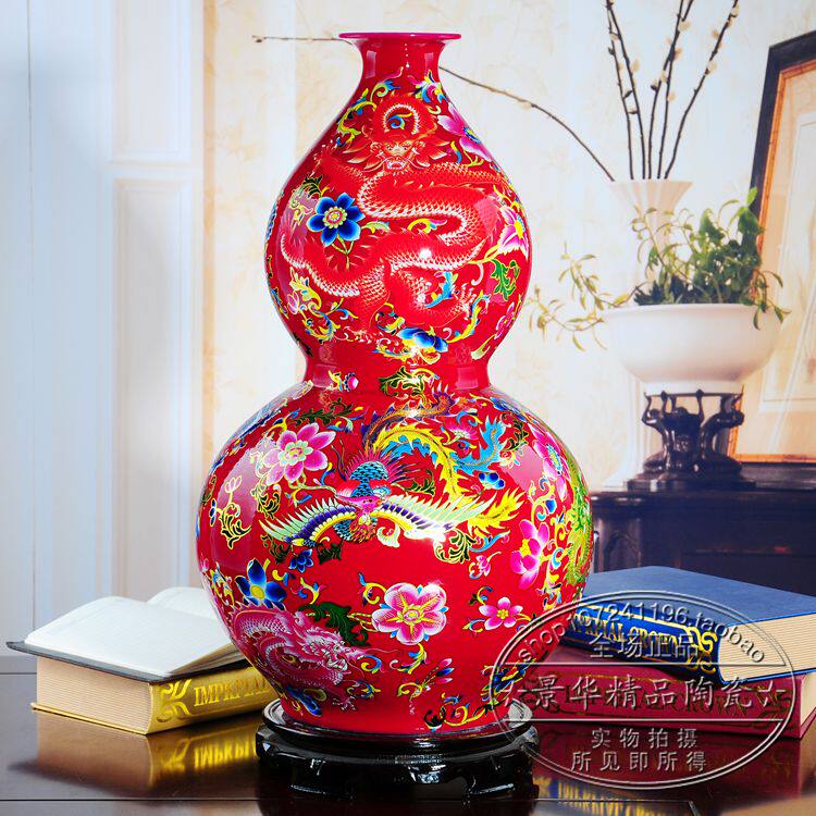 Ceramic floor large vase large vase Large plinth bottle Jingdezhen High-end Living Room Xuanguan Pendulum with the Dragon Feng Hei Red