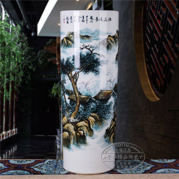 Jingdezhen ceramics hand-painted floor vase living room landscape ornaments 1 meter quiver porcelain vase calligraphy and painting tube