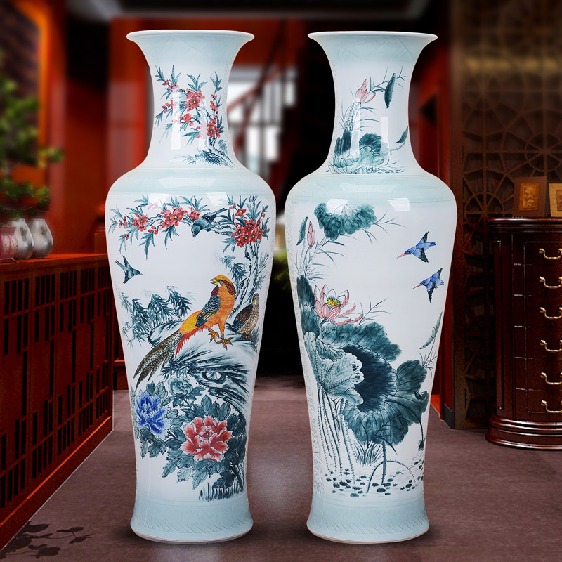 Jingdezhen Ceramic instrumental large vase Living room with floor engraving hand-painted porcelain Porcelain Bottle New House Decorative Swing 1 2 1 6 m