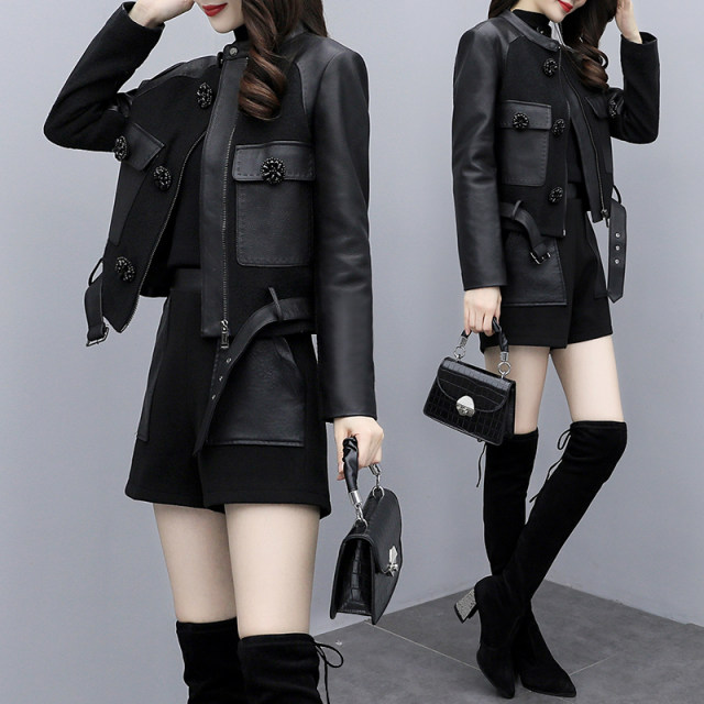 2024 early spring new women's leather splicing woolen tops and shorts two-piece set short leather jacket casual fashion suit