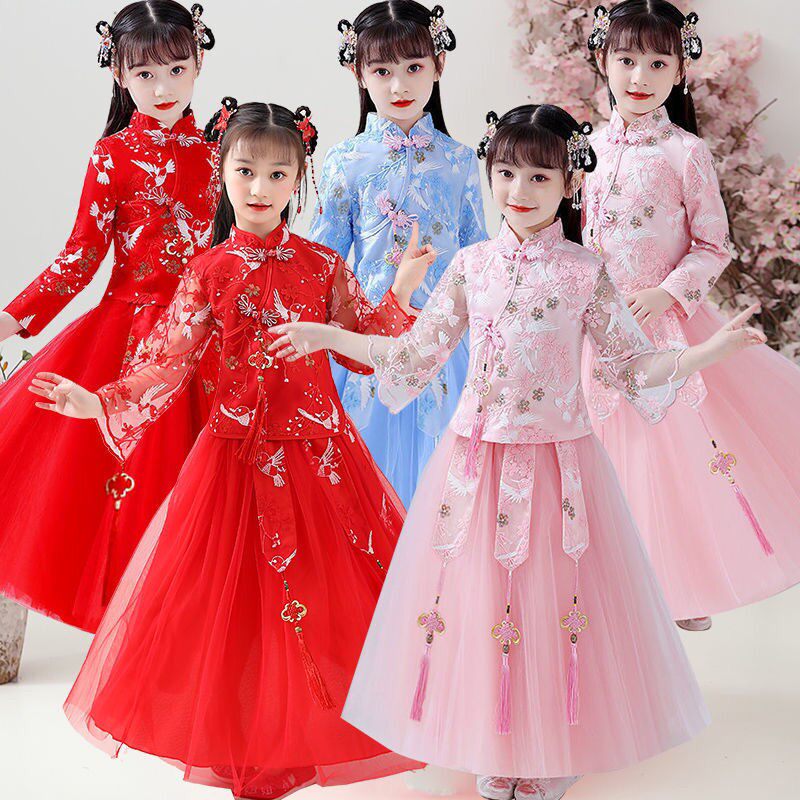 Girls Hanfu spring and autumn suit Chinese style Tang suit 2022 hot style cheongsam skirt little girl fairy skirt Hefu trend