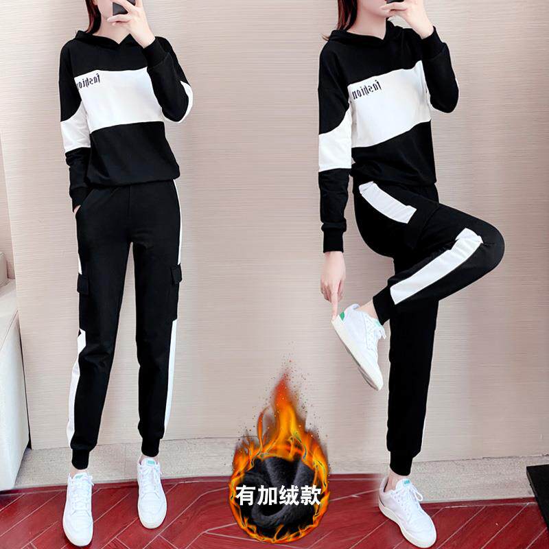 Hong Kong Sports Casual Suit Women Autumn Winter New Work Dress Pants Running Suit Glint Thickened cotton T Two sets