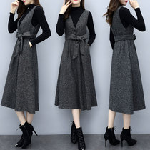 Hong Kong Fashion Suit Women's Fall Winter New Temperament Long Strap Skirt 2019 Knitted Shirt Two-Piece Skirt