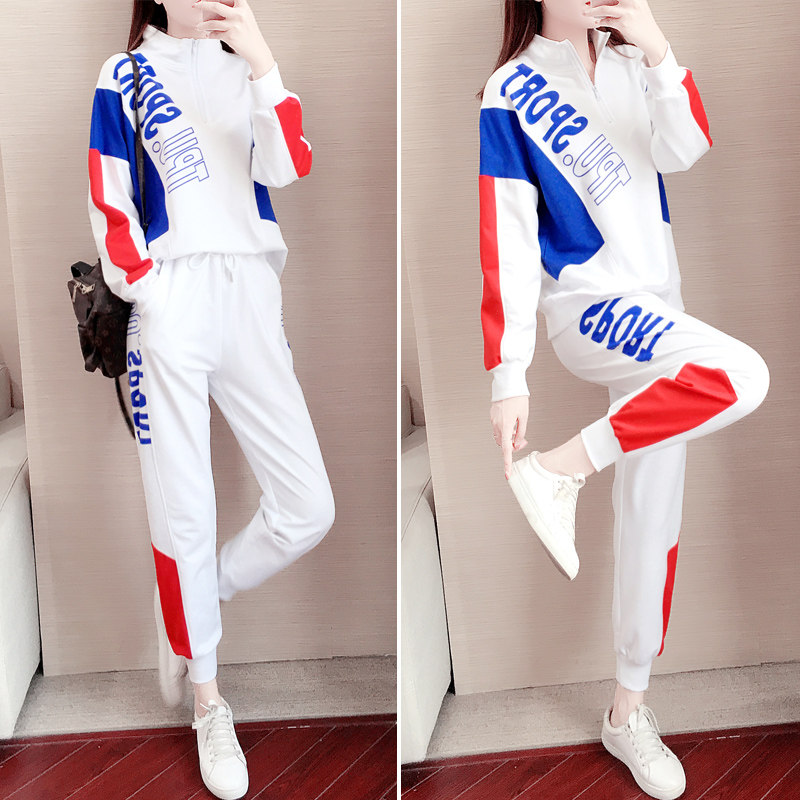 Hong Kong White Casual Sports Suit Women Spring New Tide Cards Fashion Easy collar sports shirts Two sets