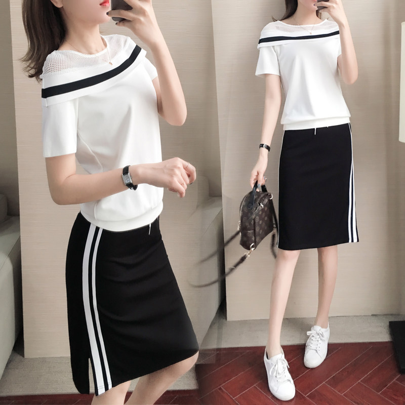 Hong Kong 2020 Korean version Summer sports suit Skirt Woman Short Sleeve T-shirt Half Body Dress Fashion Casual Two-piece Style