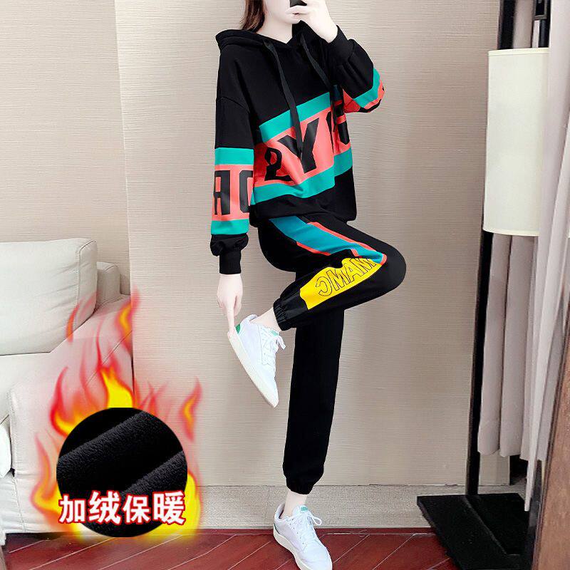 Hong Kong hooded sweatshirt 2021 new velvet thick sports suit women's fashion casual slimming two-piece suit
