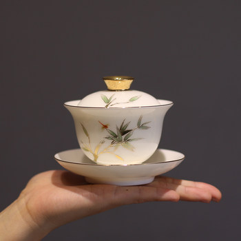 Suet-fat jade porcelain gilt bowl kung fu tea set ceramic sancai bubble tea bowl overglaze ສີ 8g ຄວາມຈຸສີຂາວ porcelain light luxury