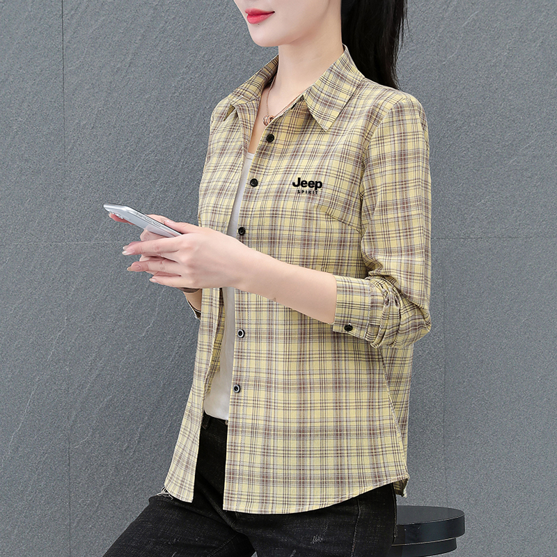Jeep Pure Cotton Plaid Shirt for Women, Spring and Autumn 2025 New Style, Middle-Aged Mom Fashion, Age-Reducing Long Sleeves Jeep Pure Cotton Plaid Shirt for Women, Spring and Autumn 2025 New Style, Middle-Aged Mom Fashion, Age-Reducing Long Sleeves