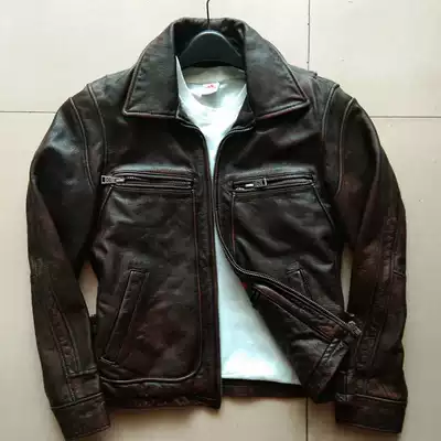 Leather leather clothing Men's short first layer cowhide slim-fit retro old motorcycle lapel large size jacket jacket anti-season