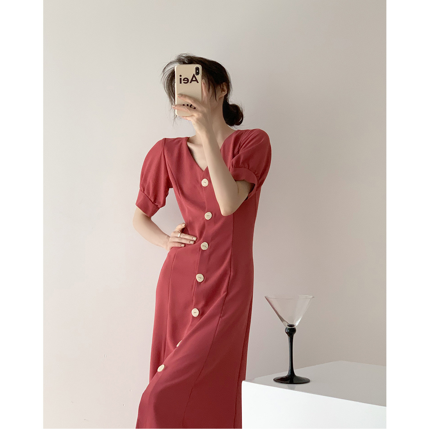 Clear Rose Color Dress Female Summer French Retro Waist Clear Middle V-collar Row Clear High Waist A-Length