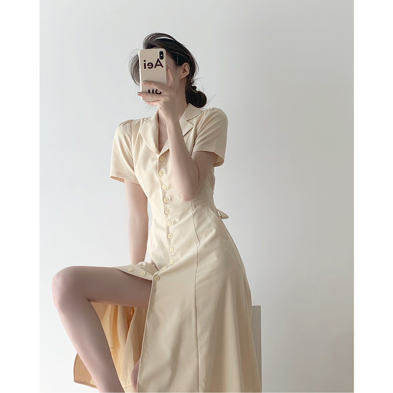 Fan-style dress woman summer 2022 yellow suit collar temperament long dress waist lacing a character over knee short sleeve skirt
