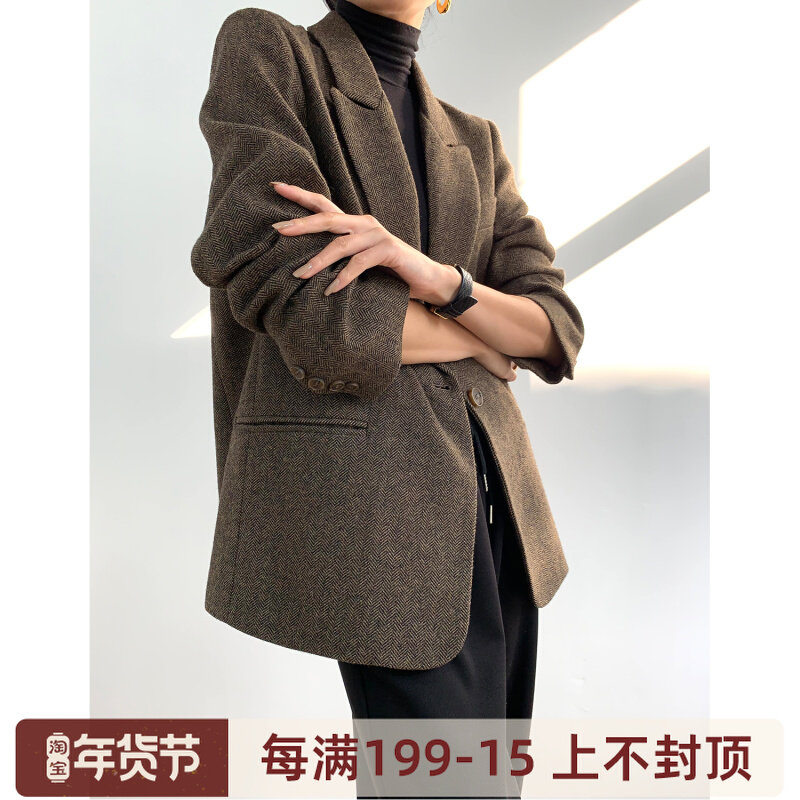 Autumn and winter loose woolen casual suit top vintage English herringbone blazer jacket women's short