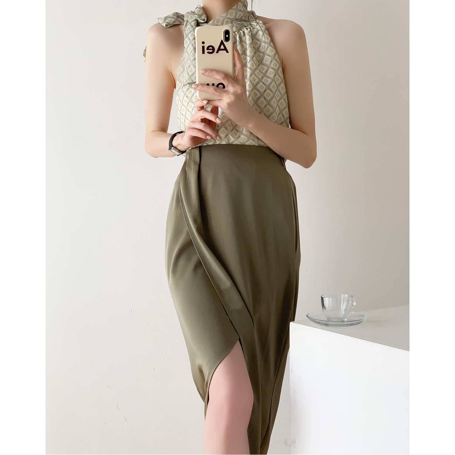 Fa-style retro satin A character half body dress female summer front open fork design sensation small crowdwaist display slim fit hip tea hysteria
