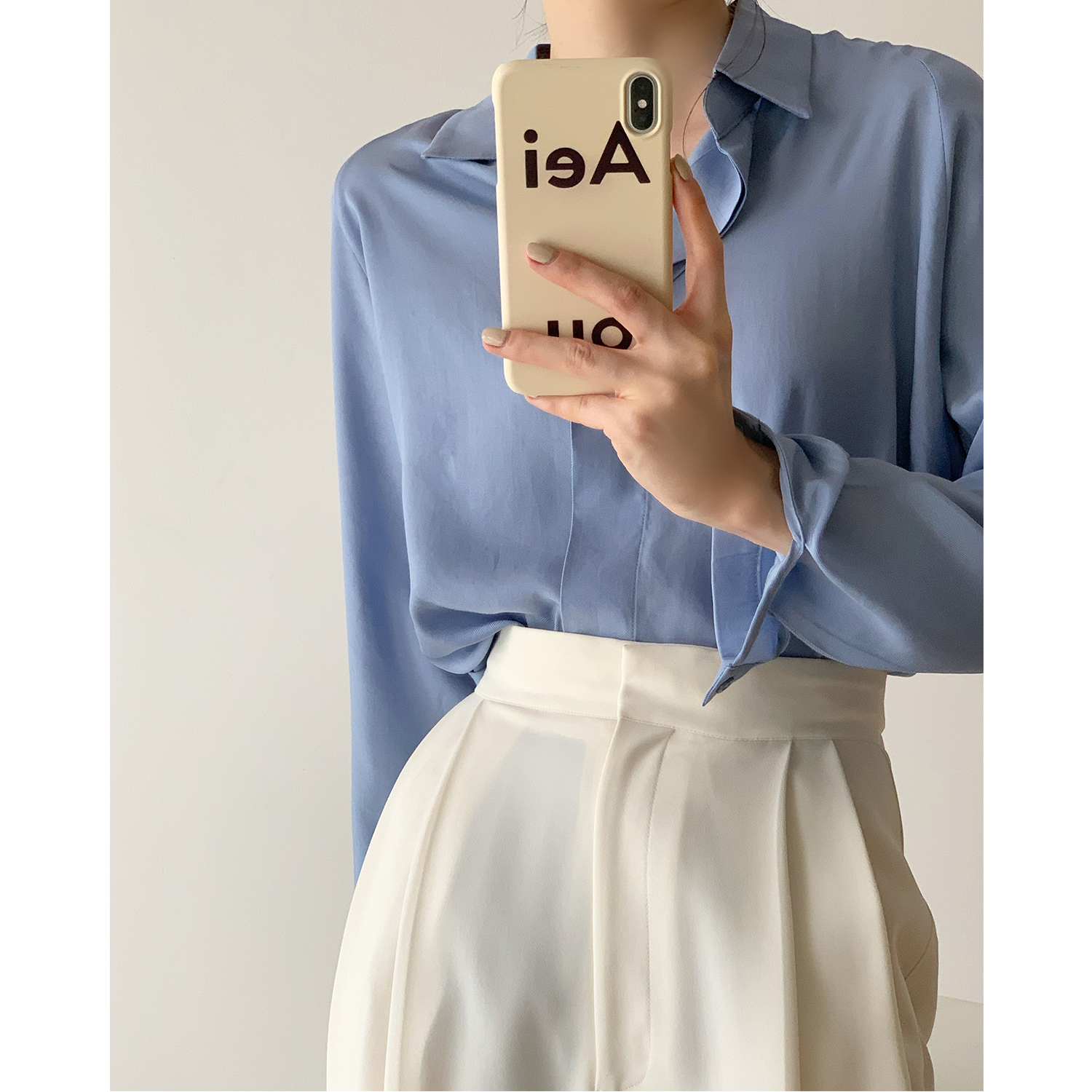 Blue drape V-neck shirt women's design sense niche temperament commuting lazy wind long-sleeved chic intellectual top thin