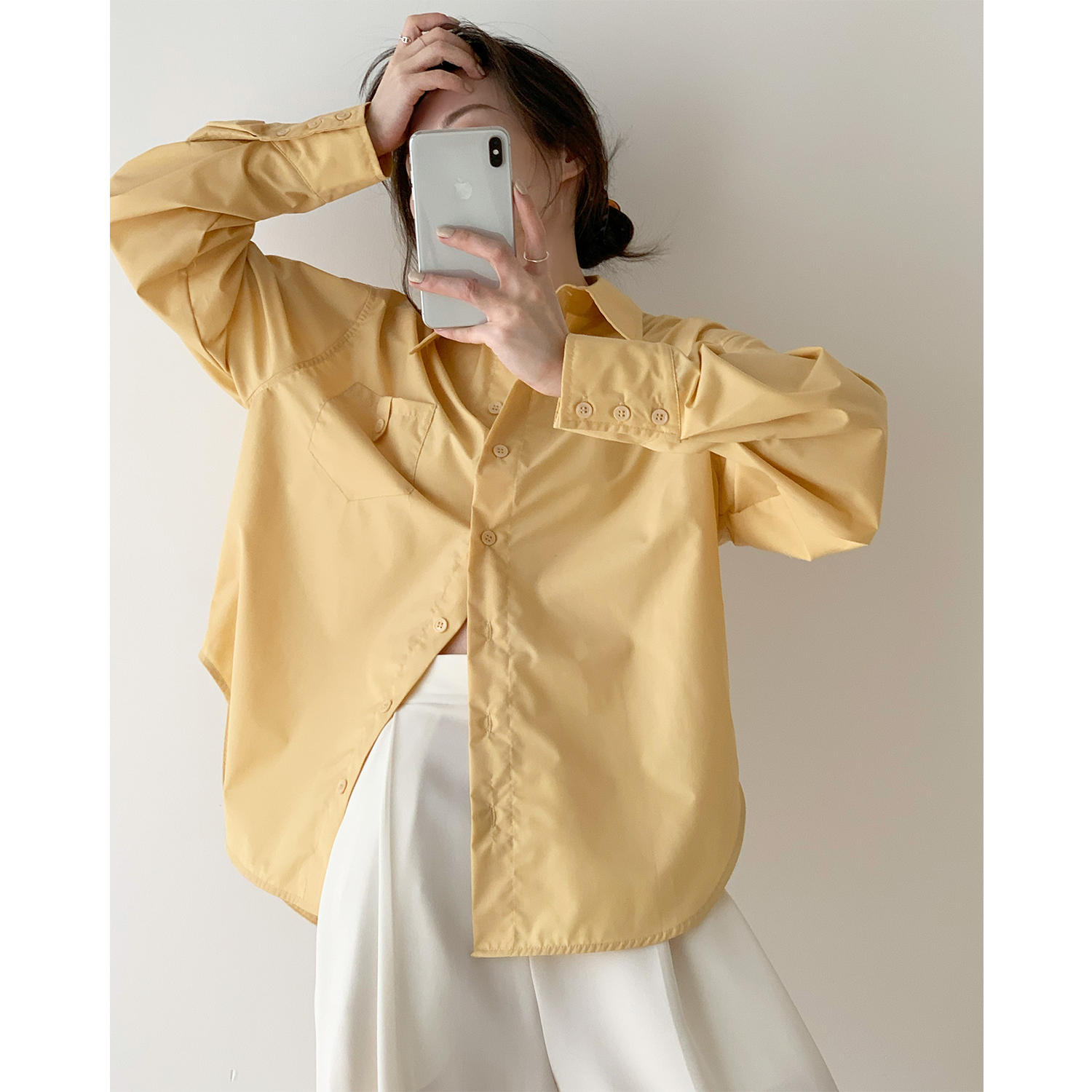Salt-based shirt woman 2022 new design sensation Han version yellow loose irregular long sleeve blouse shirt woman stack wearing