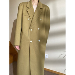 ເສື້ອກັນຫນາວສີເຫຼືອງສີຂຽວ ໜາ ການອອກແບບ niche retro ຍາວ quilted woolen coat ແມ່ຍິງດູໃບໄມ້ລົ່ນແລະລະດູຫນາວ