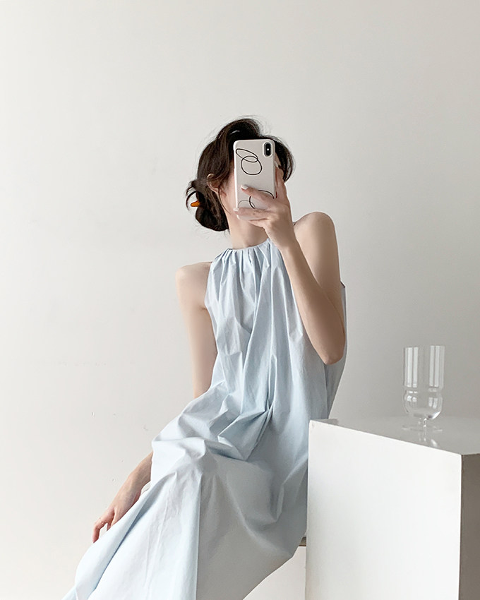 挂脖无袖连衣裙女度假宽松蓝色裙子法式复古吊带裙长裙高级感夏装详情23