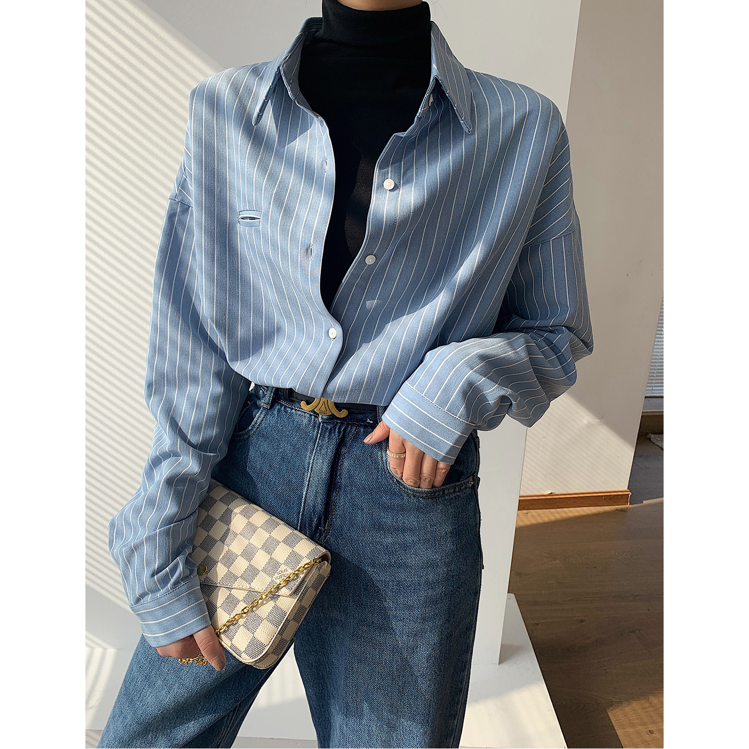 Lazy Harbor Wind Blouse Oversize Cardigan Design Sense Small Pocket Loose Long Sleeve Vintage Blue White Striped Shirt