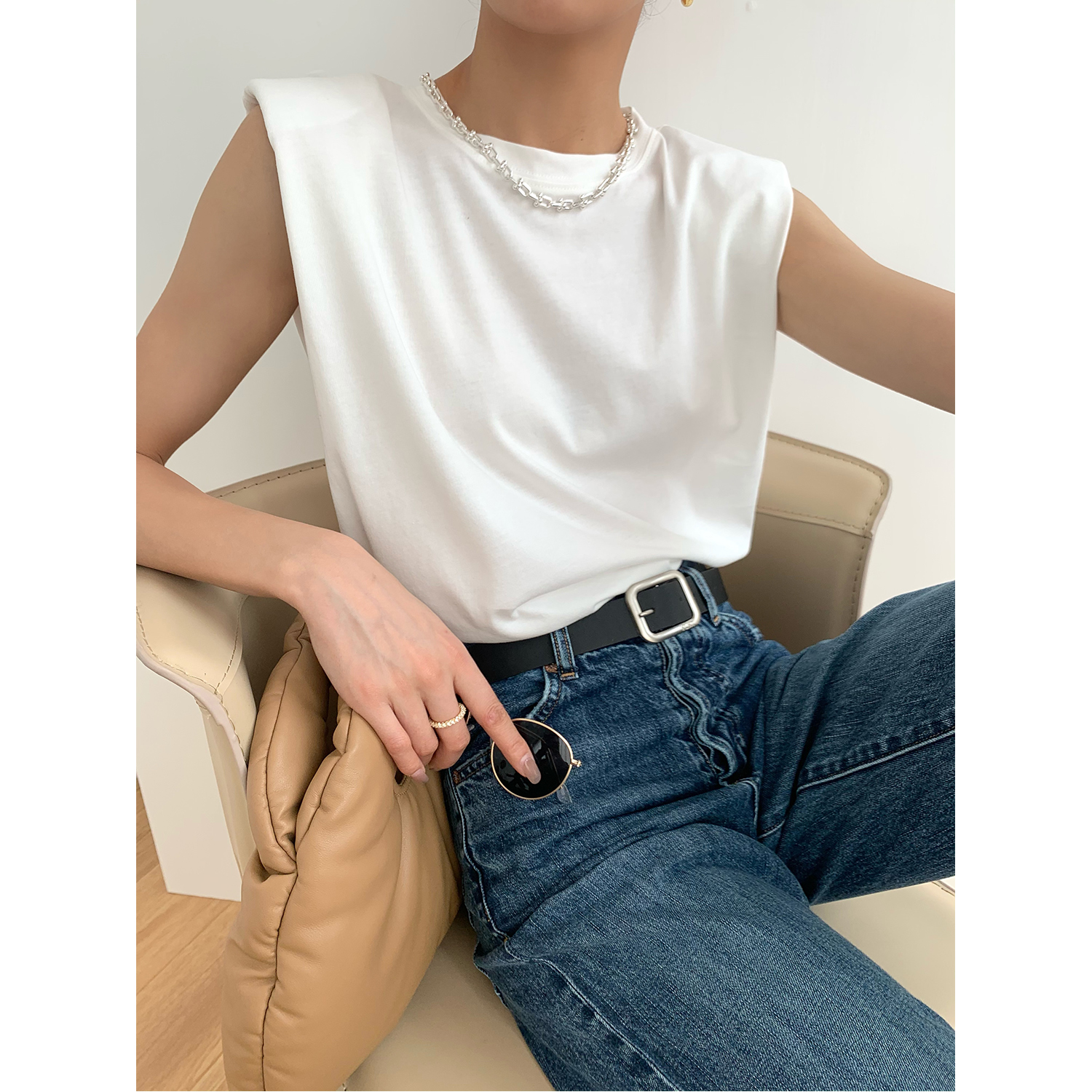 Sleeveless Blouse White Undershirt European and American Angle Padded Shoulder Lotus Leaf Cuff T-shirt Woman Ins Loose Tide Round Collar Vest