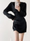 High-end French niche temperament black V-neck dress, feminine waist and slimming satin hip-hugging shirt dress