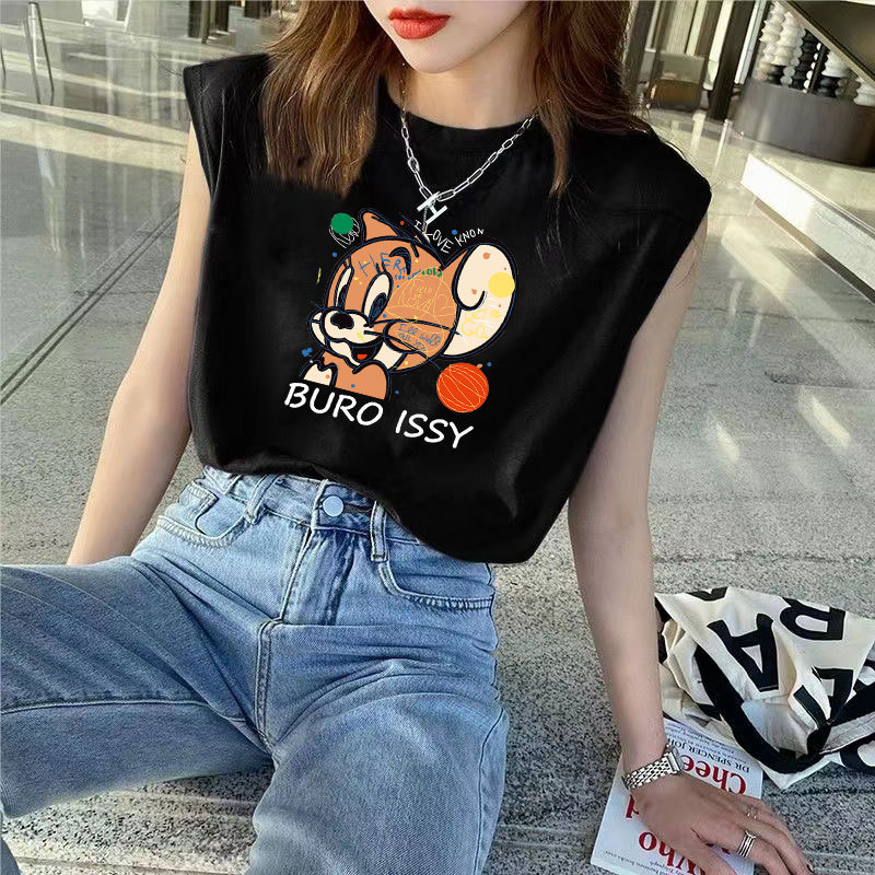Summer Korean-Style Sleeveless Loose Versatile Vest T-Shirt for Women with Cartoon Print, Round Neck, Suitable for Layering or Wearing Alone, Sports Ins Top
